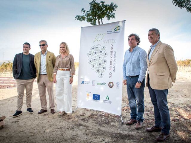 De izquierda a derecha, Miembros del Grupo Operativo INVITEC: David Jiménez, director general de Investigación de la Universidad de Cádiz, Jesús Medina, director general de Bodegas Williams & Humbert, Almudena Martínez del Junco, presidenta de la Diputación de Cádiz, Álvaro Barrera, presidente de Ecovalia y César Saldaña, presidente del Consejo Regulador de los vinos de Jerez